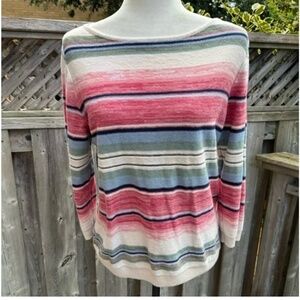 Chaps Pink Blue Green Stripe Boatneck Linen Cotton Sweater Size L Coastal Preppy